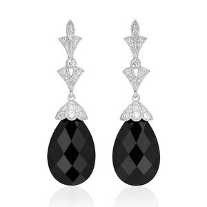 ⚜️ Black Crystal Silver Drop Earrings Statement